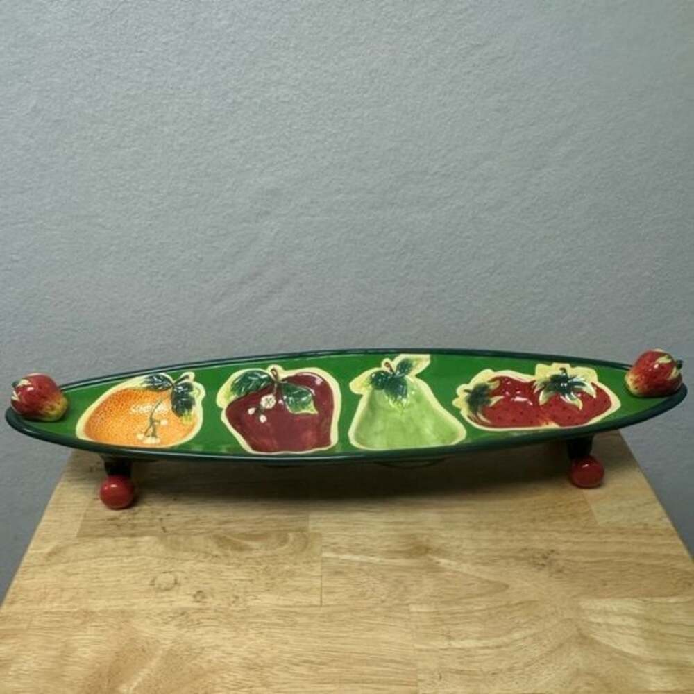 Oblong Rolling Ceramic RELISH TRAY FRUIT w/Embossed ORANGE APPLE PEAR STRAWBERRY